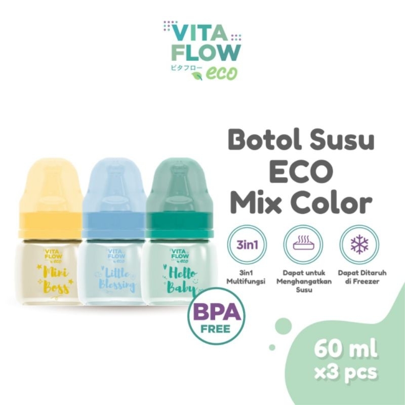 TERMURAH!! VITAFLOW BOTOL SUSU ECO MIX COLOR (ISI 3PCS)