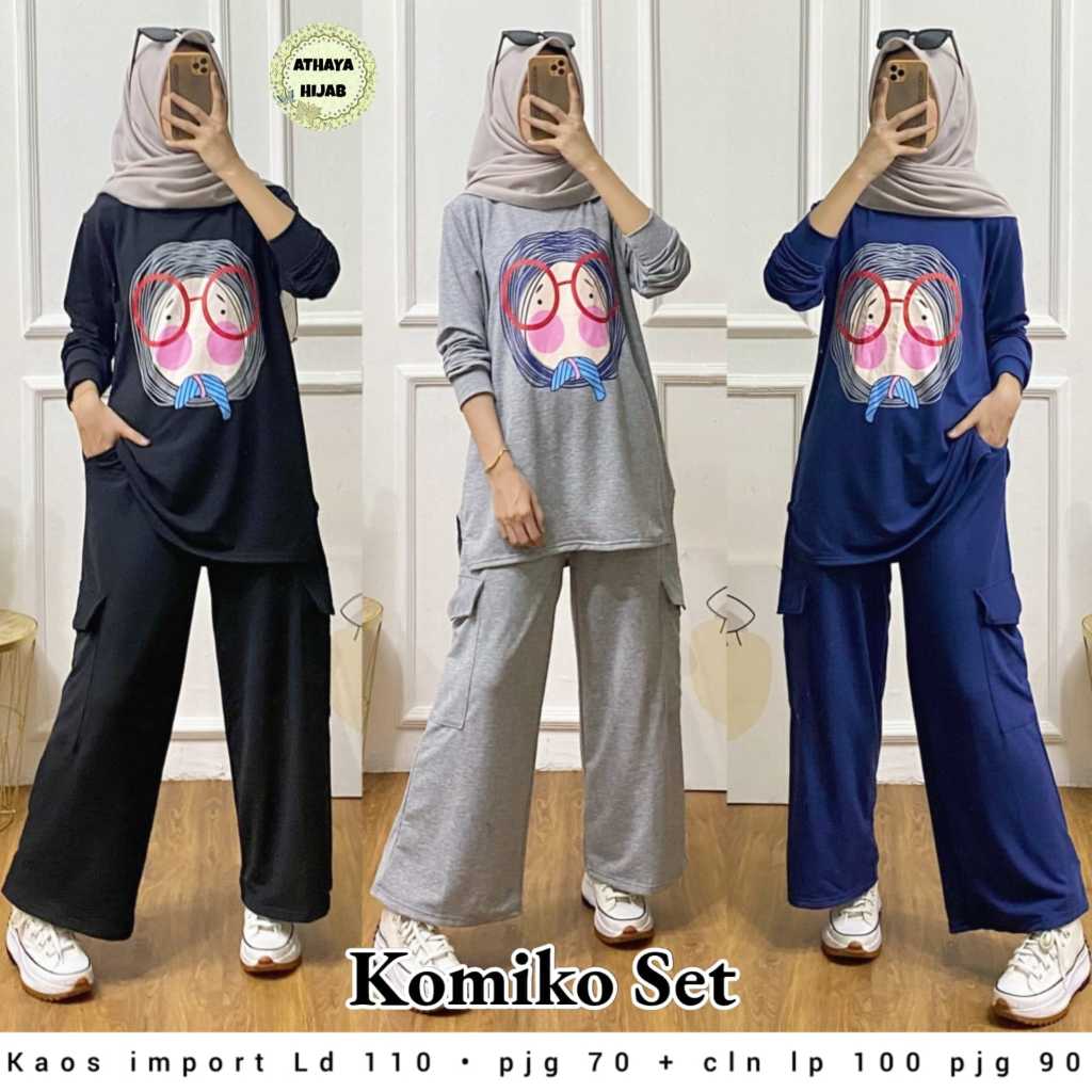 SETCEL KULOT CARGO VIRAL // KOMIKO SET BY ATHAYA // SETALAN BAJU WANITA KAOS LENGAN PANJANG DAN KULO