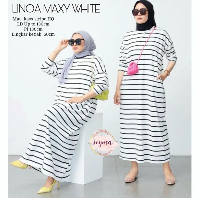 Linoa Dress Maxy Gamis Spandek Kaos Rayon Motif Salur Garis Ld 130 Super Jumbo Fit XXXL By Seyma