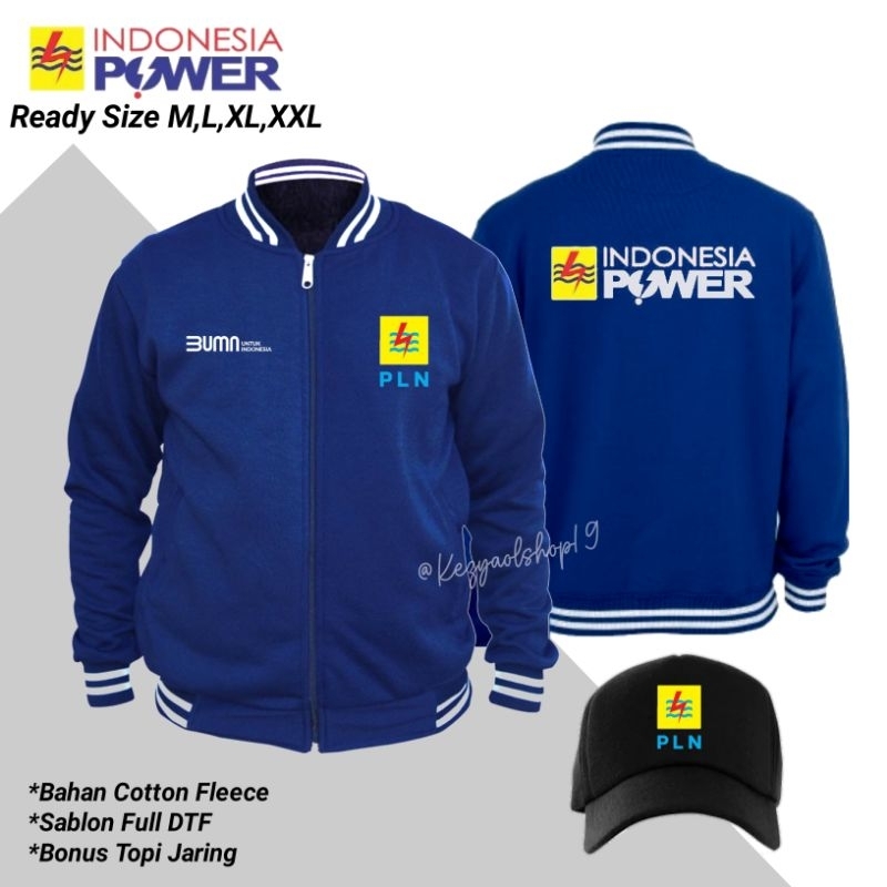 Jaket Varsity Ziper Logo PLN - Jaket PLN Indonesia Power Bonus Topi