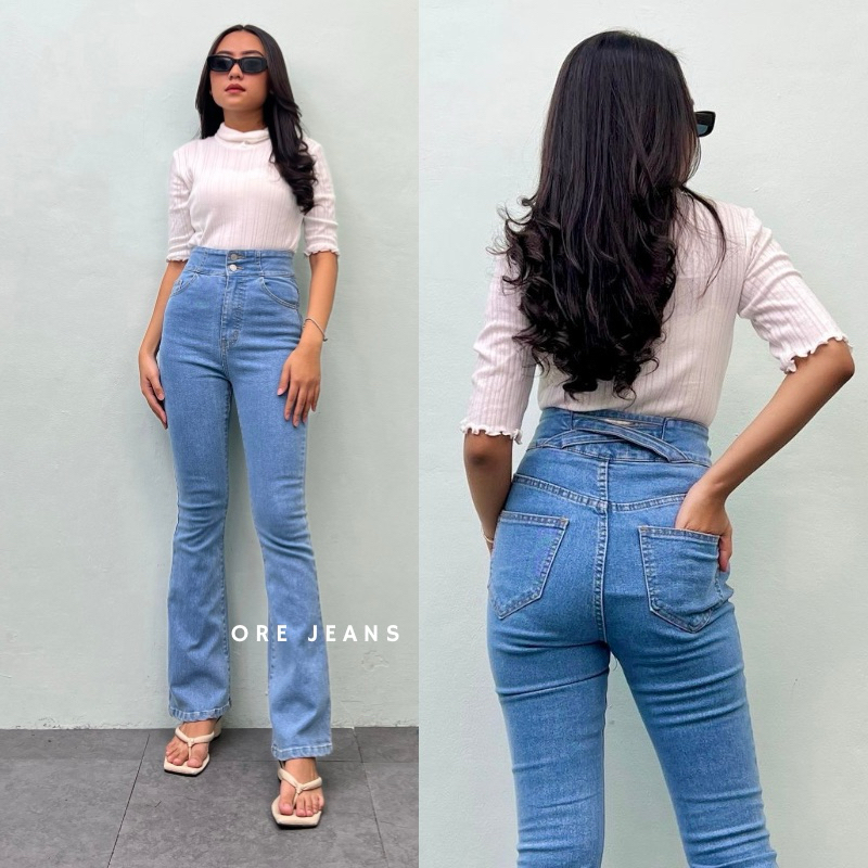 ORE - Pinkam Highwaist Cutbray Jeans Tali silang Belakang