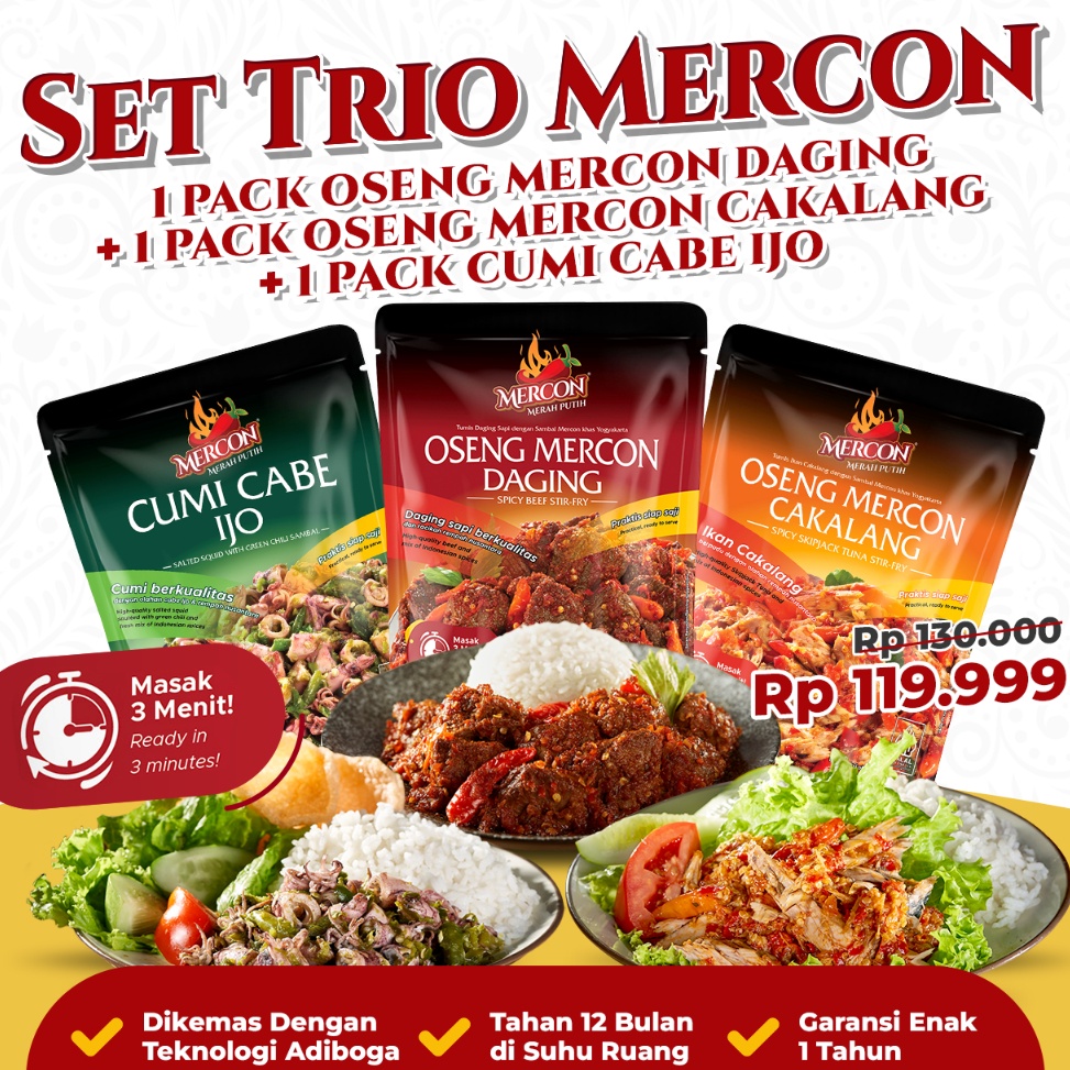

CPYJ5312 7.7 [FREE 1 PACK ICIP RANDOM - 100 PEMBELI PERTAMA] Mercon Merah Putih - Set Trio Mercon || Oseng Mercon Daging + Cumi + Cakalang