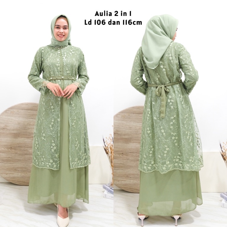 Sale.. Aulia 2in1 maxi dress outer/tule mutiara outer/ rompi kondangan/ gamis tulle mutiara