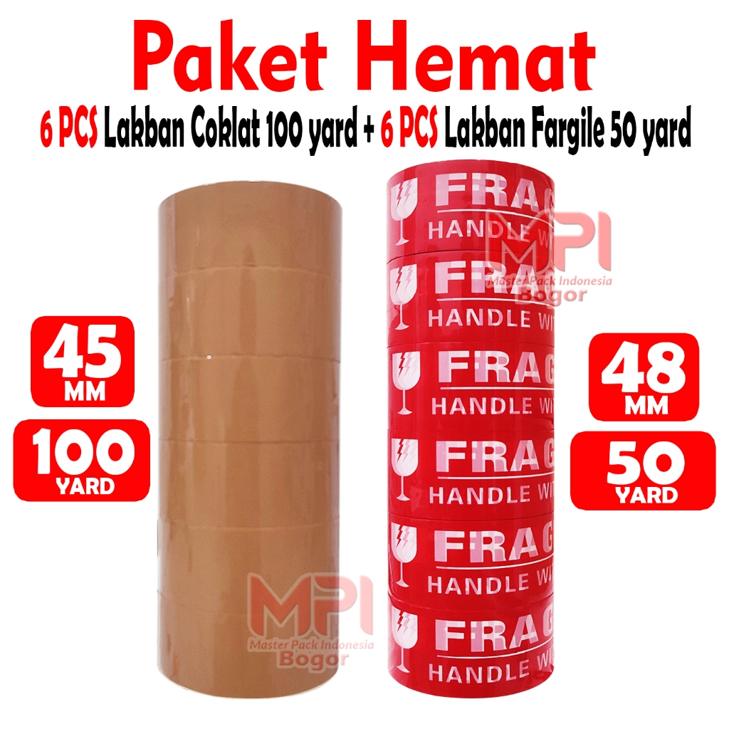 

Paket Hemat - 6 Pcs Lakban Coklat MPI 45 mm x 100 yard Plus 6 Pcs Lakban Fragile Merah 48 mm x 50 yard - Master Pack Indonesia Bogor