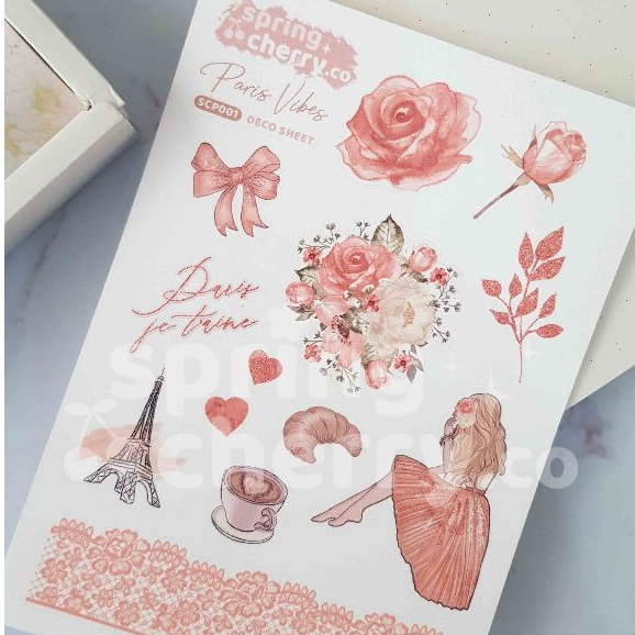 

PARIS VIBES sticker deco sheet [SPRINGCHERRY] A6 journaling planner laptop waterproof premium vinyl glittery glitter strong jurnal bujo bullet cahol notebook beautiful estetik aesthetic eiffel girl peach flower ribbon blessingbell coffee love stiker pita