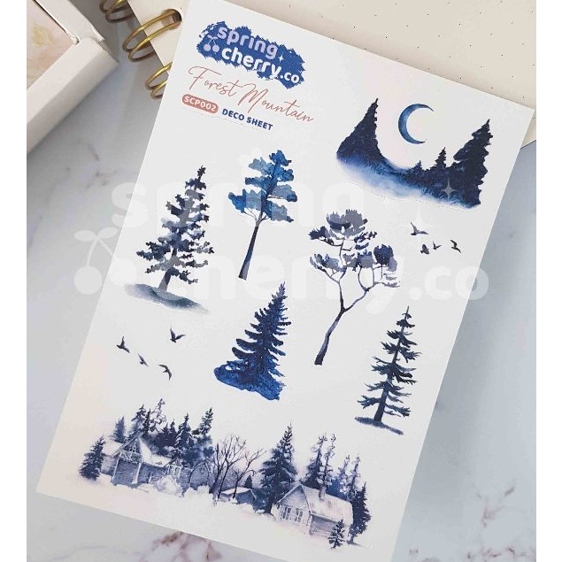 

FOREST MOUNTAIN sticker deco sheet [SPRINGCHERRY] A6 journaling planner laptop waterproof premium material vinyl glittery glitter kisscut jurnal stiker cahol notebook estetik aesthetic gunung pohon tanaman plant pine pinus biru blue moon bulan rumah salju