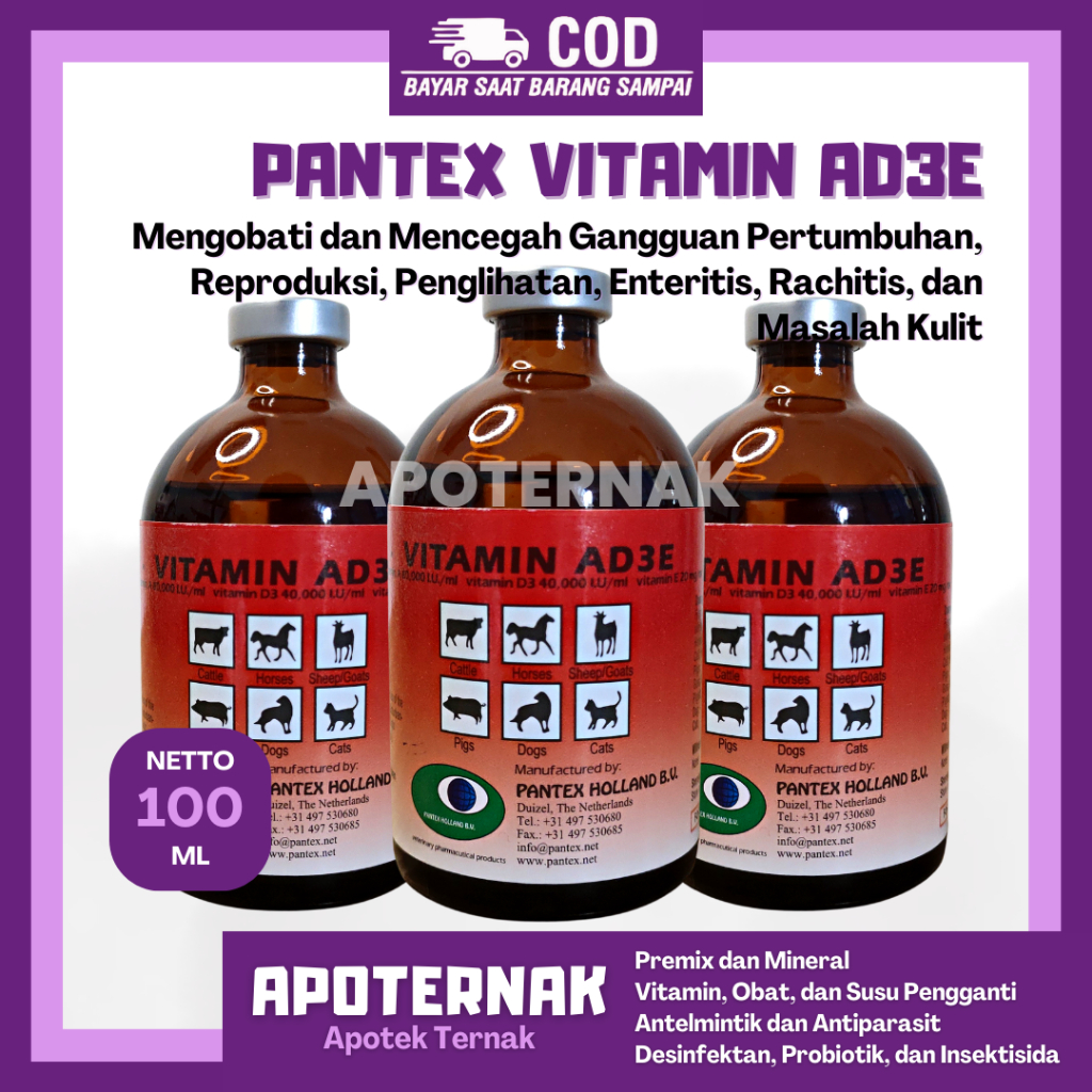 PANTEX VITAMIN AD3E ADE | Mencegah Defisiensi Vitamin AD3E Gangguan Pertumbuhan Reproduksi, dan Peng