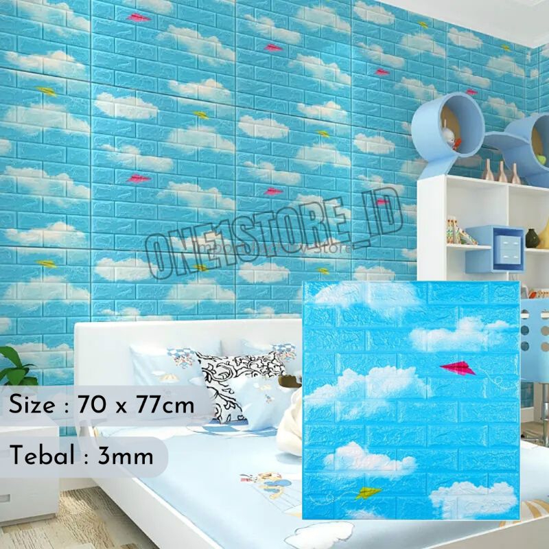 Wallpaper Dinding 3D Foam Dekorasi Dinding Bata Awan Biru 70 x 77cm