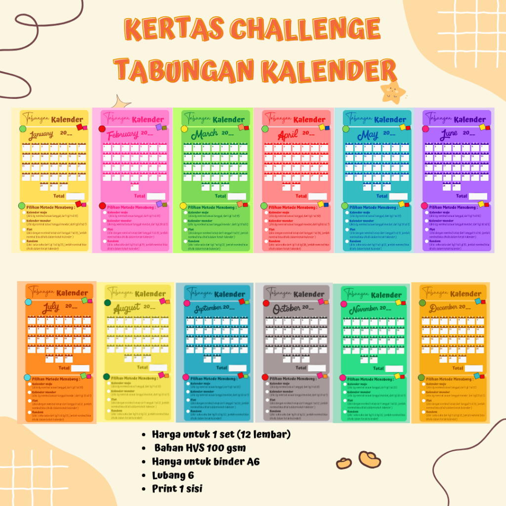

(Isi 12) Kertas Saving Challenge Tabungan Kalender Ukuran A6/ Kertas Menabung Kalender