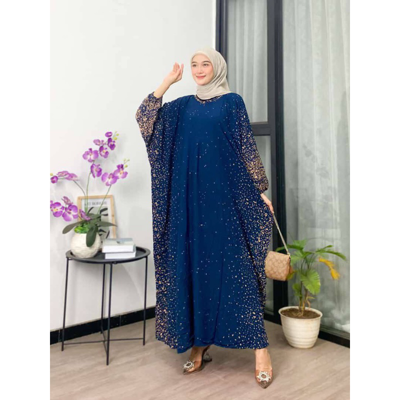 Kaftan Wanita - Daunda Kaftan Size Jumbo XXXXL Motif Daun Lengan Panjang Busui Resleting by Nadira_Fashion / Gamis Rayon Jumbo Kaftan Terbaru-Semprot navy