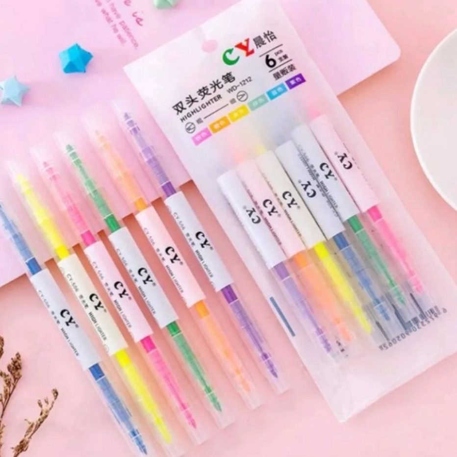 

Laris [6pcs] Stabilo warna warni 2 sisi highlighter 2 arah Warna Random Isi 6 pcs Diskon