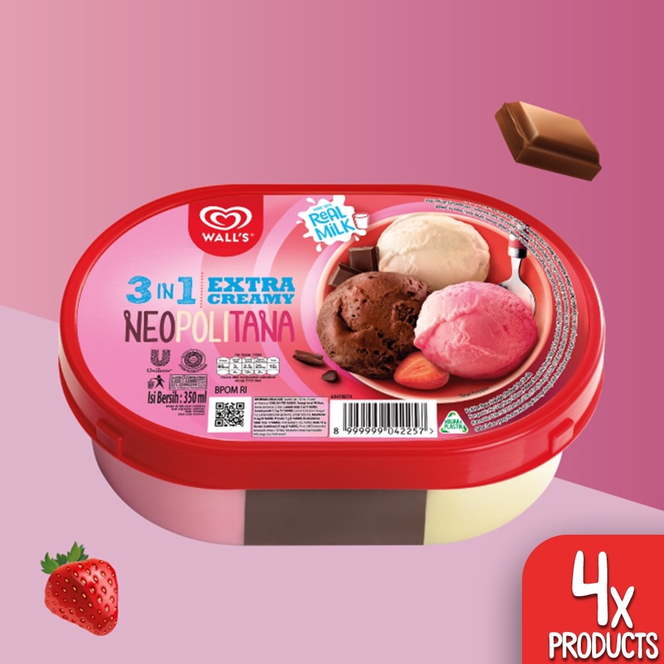 

☄️NEW✨ 4 Pcs Wall's Ice Cream Neopolitana Extra Creamy 350ML - Es Krim Wall's