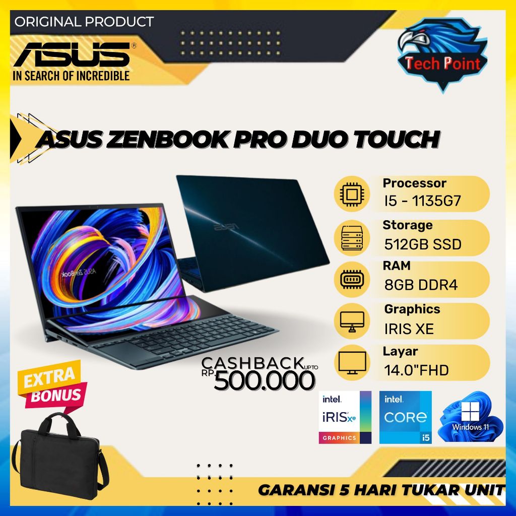 Asus Zenbook PRO DUO UX482EA Touch I5 1155G7 8GB 512GB W10 14.0 Full HD