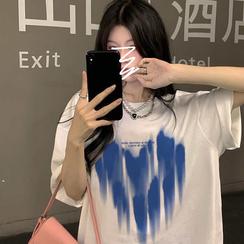 XIAOZHAINV t shirt blue heart  Street Style kaos oversize baju korean style wanita ootd A0207