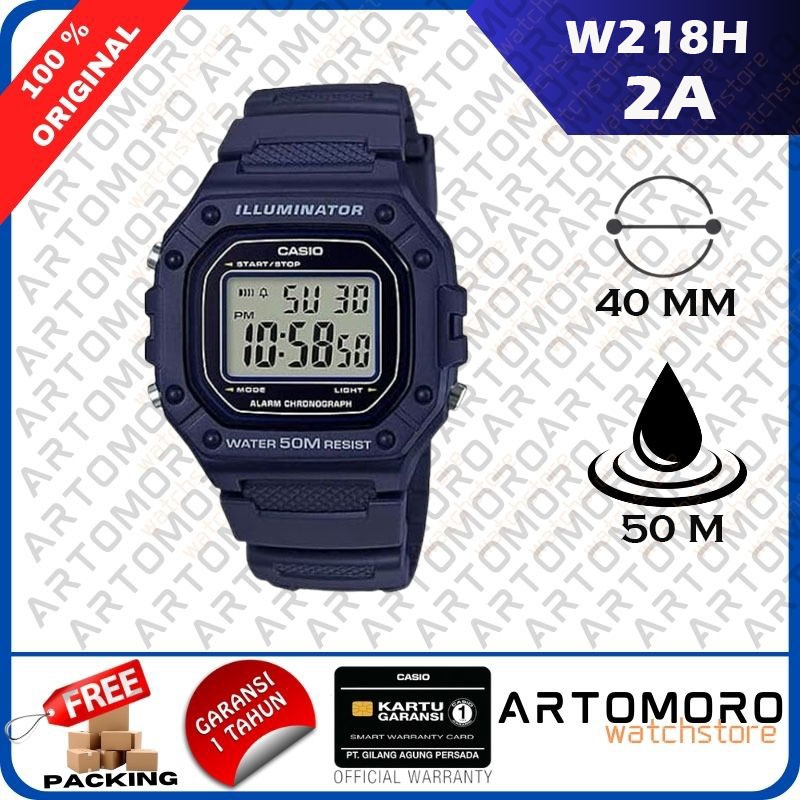 Casio Original W218H-2A / W-218H 2A warna Navy Biru Donker Jam Tangan Pria Digital Karet Hitam