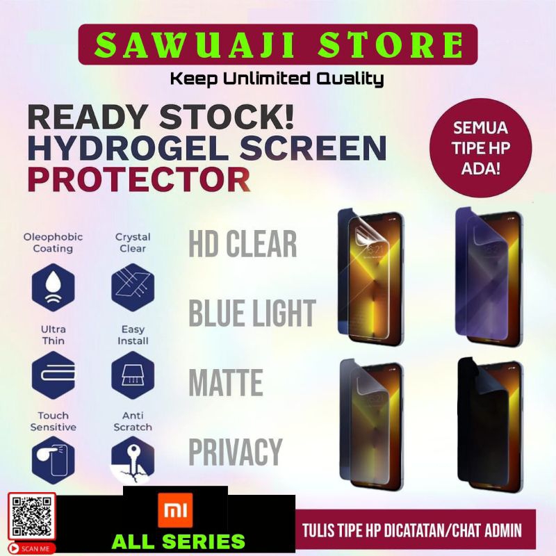 Anti Gores Hydrogel Xiaomi 11T 5G, Xiaomi 11T Pro, Xiaomi 12, Xiaomi 12 Pro Xiaomi  MiA1/MiA2 Lite/M