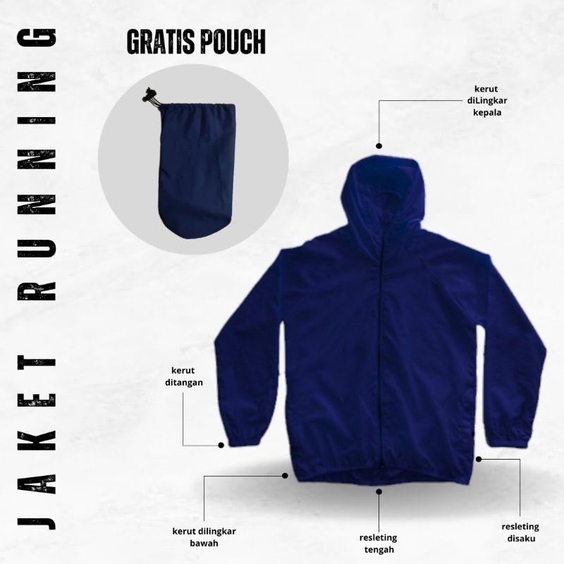 Jaket Parasut navy Sport Olahraga Waterproof polos Pria Wanita Jaket olahraga joging lari sepeda