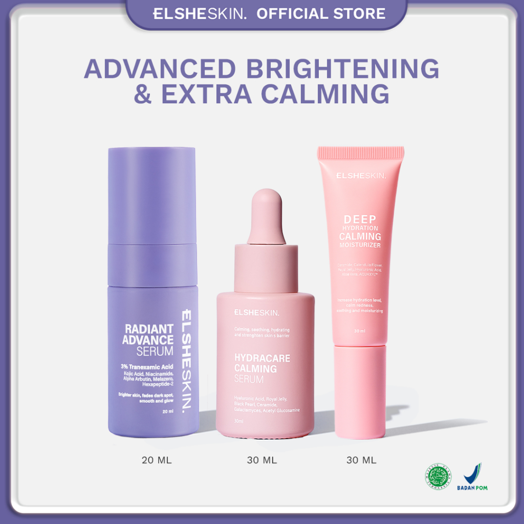 [PAKET ADVANCED 3pcs 30ML] Elsheskin Skincare Serum, Moisturizer for Advanced Brightening, Moisturizing, Calming, Hydrating, Anti-Aging, Anti-Acne, Melembapkan, Menghidrasi, Menenangkan Kulit Iritasi Kemerahan, Antioksidan, Kontrol Minyak