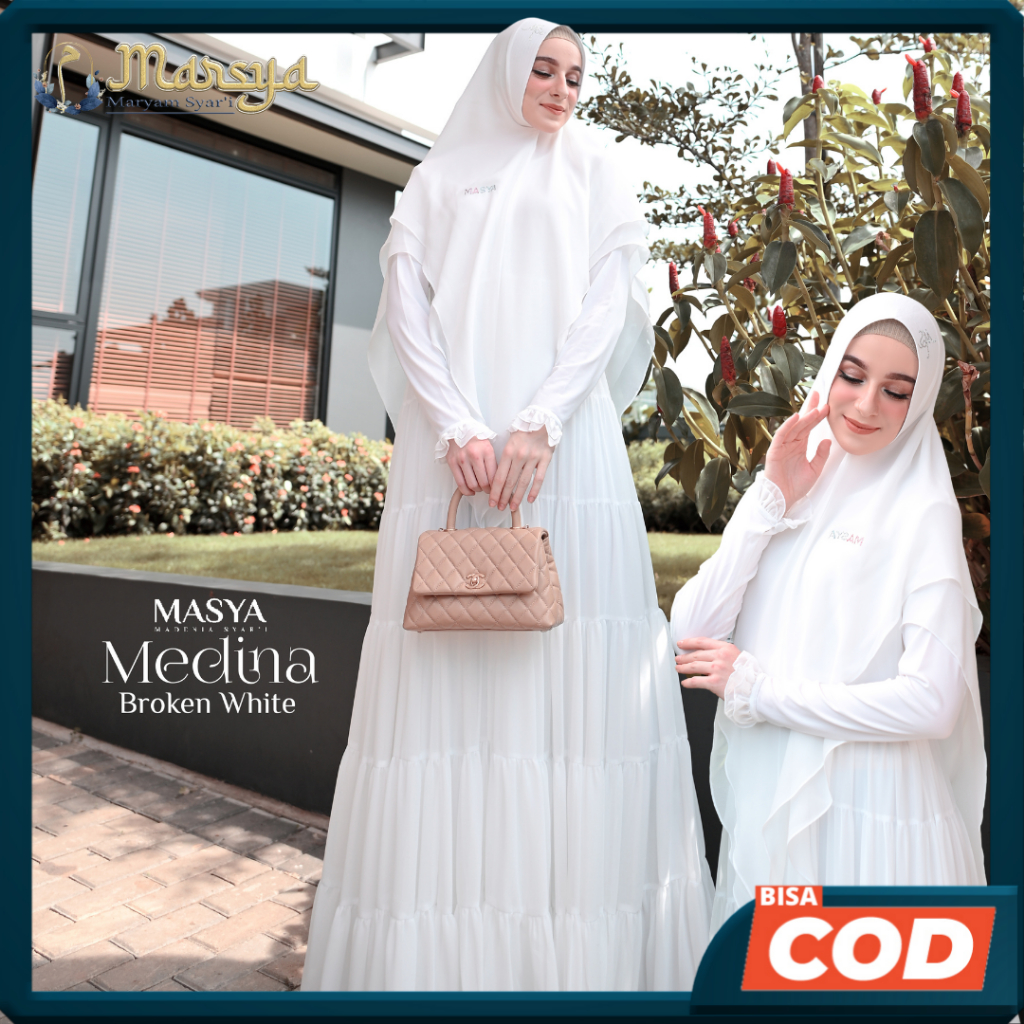 Set Gamis Dress Busui Friendly Ceruty Babydoll Premium Syari Branded Warna Putih Tulang - Broken Whi