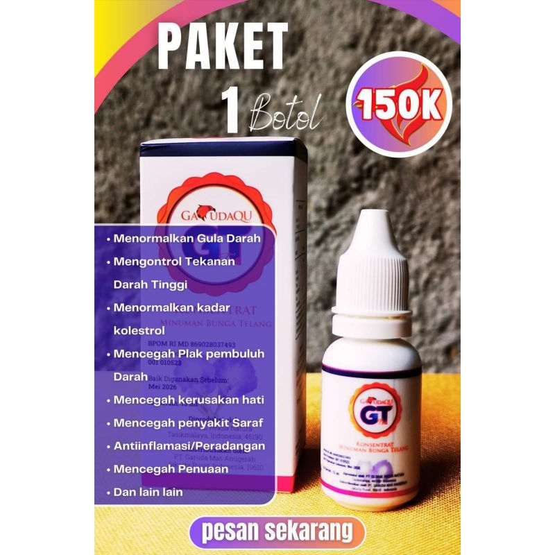 

BUNGA TELANG TETES OBAT HERBAL UNTUK ASAM URAT, KOLESTROL, DIABETES, STROKE, TEH TETES GT BUNGA TELANG