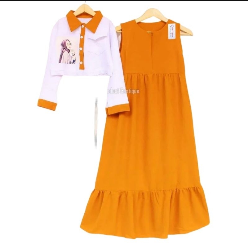 hijab set anak 2 in 1 dress dan outer