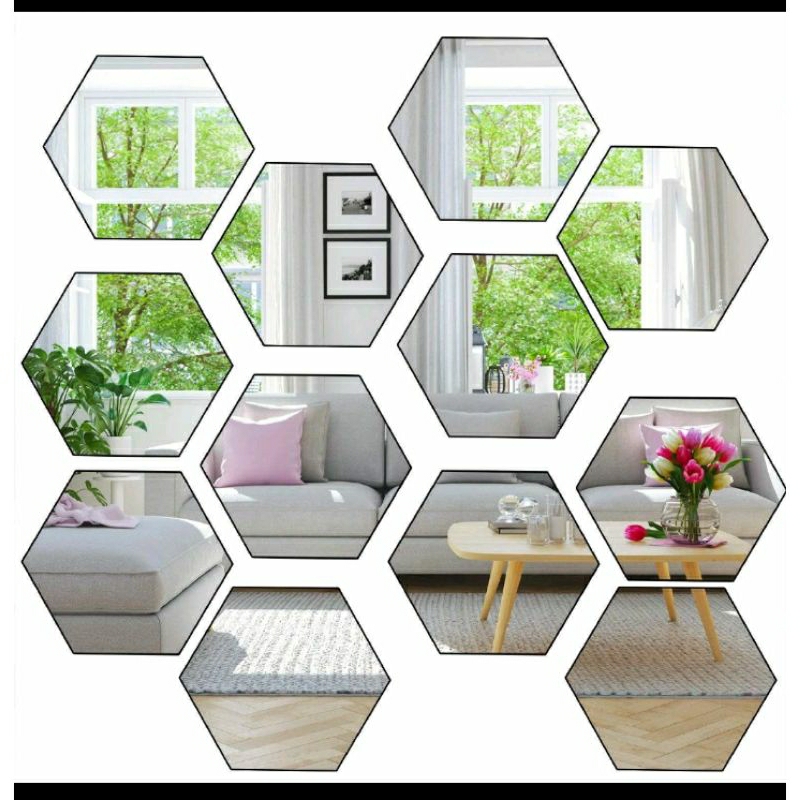 CERMIN DINDING STIKER KACA TEMPEL SEGI ENAM