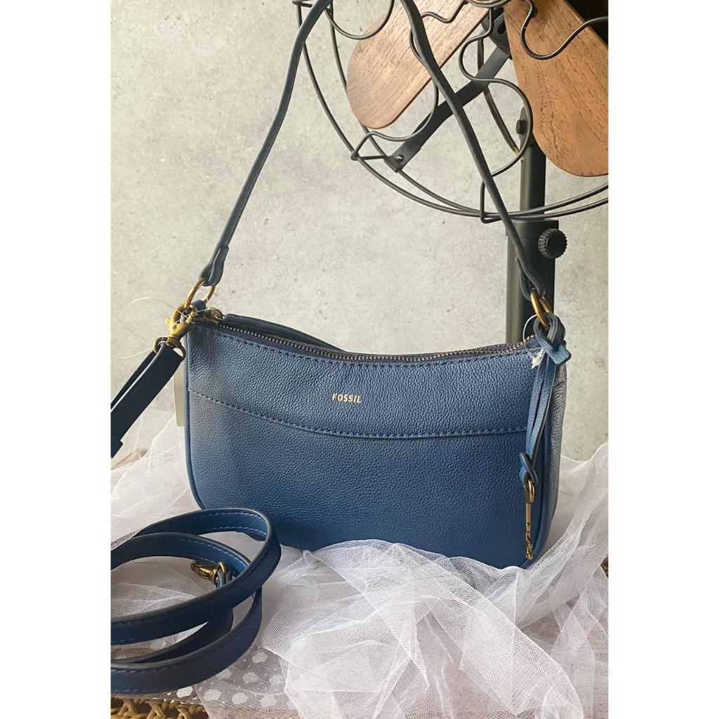 Tas branded skylar baguette leather blue dark denim