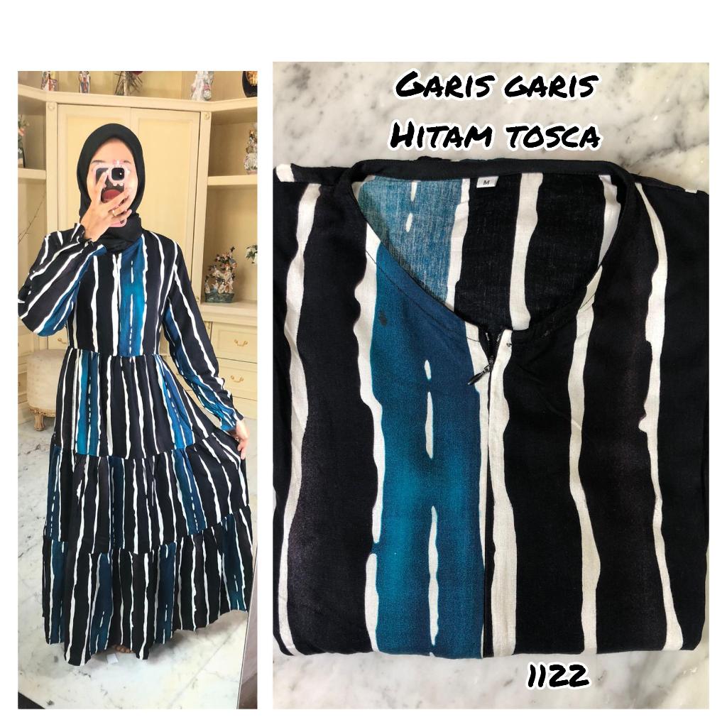 GAMIS RAYON MOTIF GARIS GARIS (HITAM TOSCA)