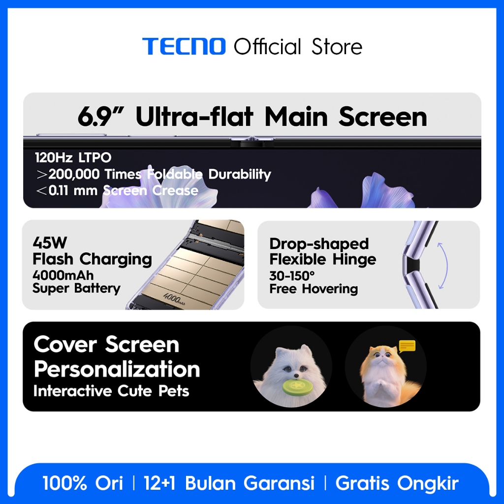 TECNO PHANTOM V Flip 5G - 8+8GB*+256GB, 64MP Ultra-clear Cam, 120Hz Screen, 4000mAh+45W Flash Charging, NFC, The Planet Cover Screen, 32MP Dual-flash Selfie, Android 13, Garansi 12+1 Bulan-4