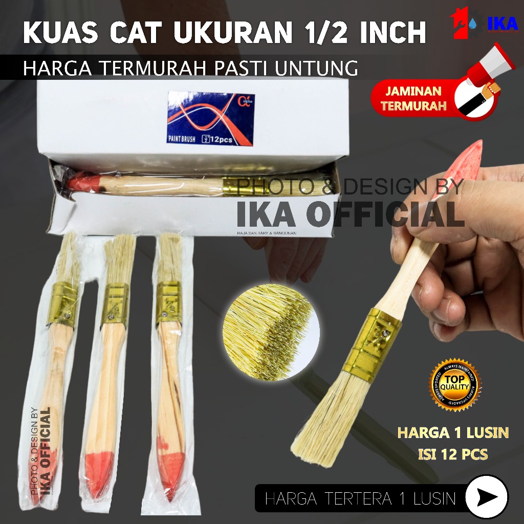Kuas cat tembok / serbaguna gagang kayu 1/2 in bagus termurah kuat kuas cat 0.5" inchi 1Lusin kuas g
