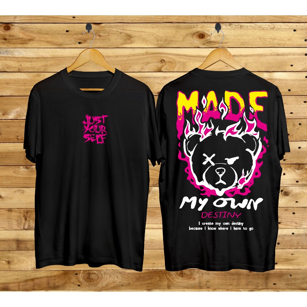 Kaos Distro pria | Motif Teddy bear Fire Made My Own Hitam | Baju Kaos Pria Atasan Cowo Outfit Style
