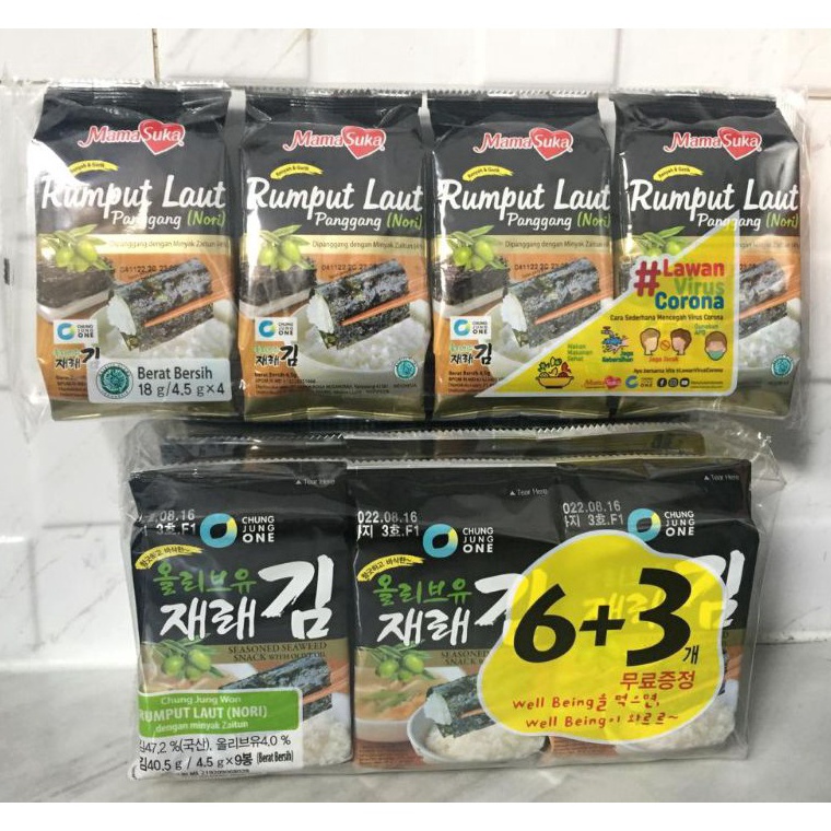 

[KODE PE9RJ] Rumput Laut MamaSuka 4X4.5 g ( dapet 4 pcs) , rasa pedas ,original, sapi panggang, ed Egg/ Chung jung one isi 9