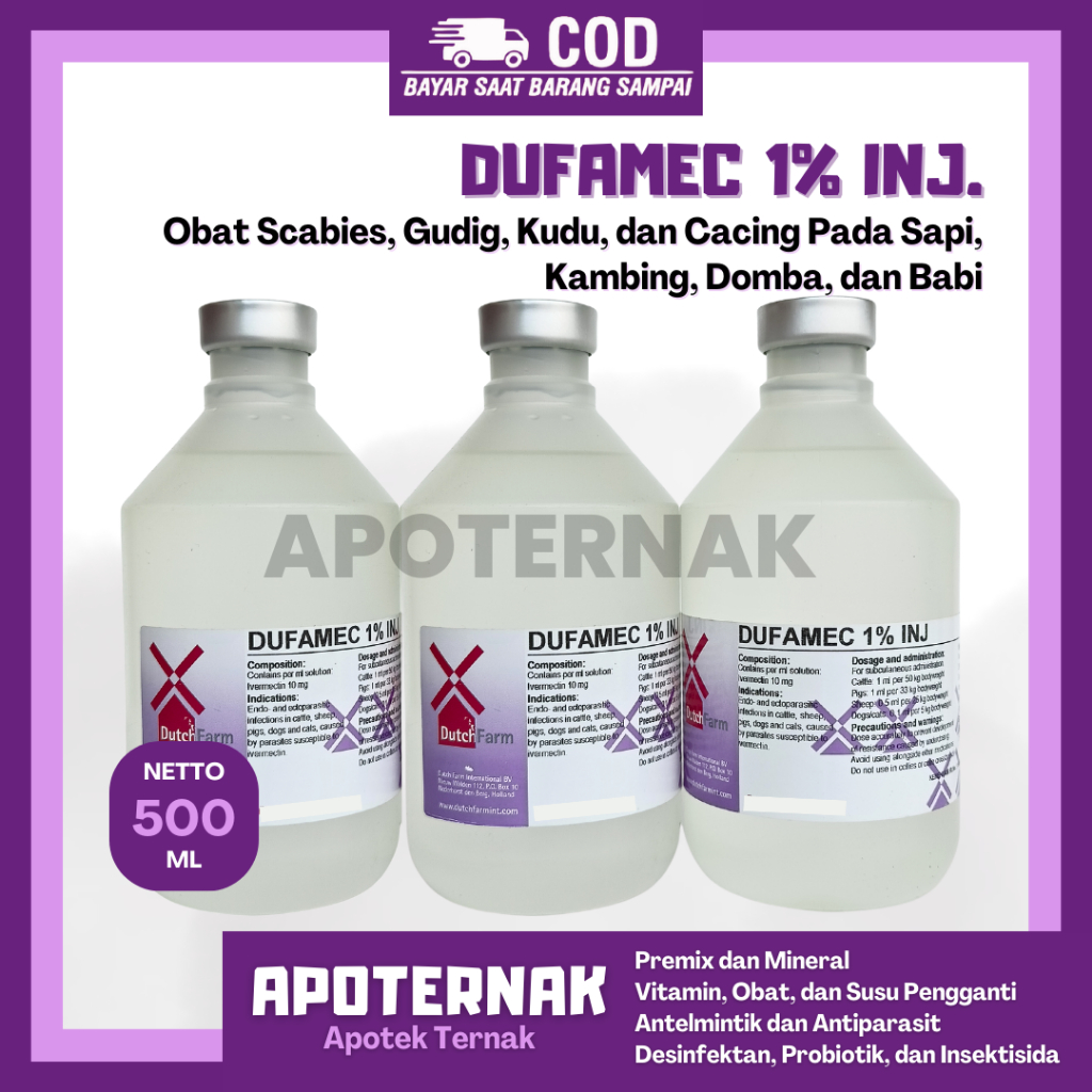 DUFAMEC 1% Injeksi 500 mL | Obat Scabies Gudig Kutu dan Cacing Pada Sapi Kambing Domba dll mectin | 