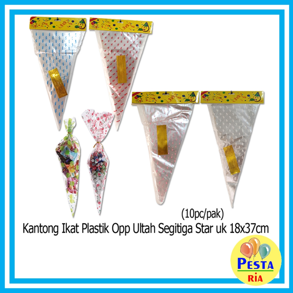 

Murah!! (1Pak isi 10Pcs) Kantong ikat plastik opp ultah segitiga star uk 18x37cm, plastik snack ultah, kantong souvenir, plastik jajan