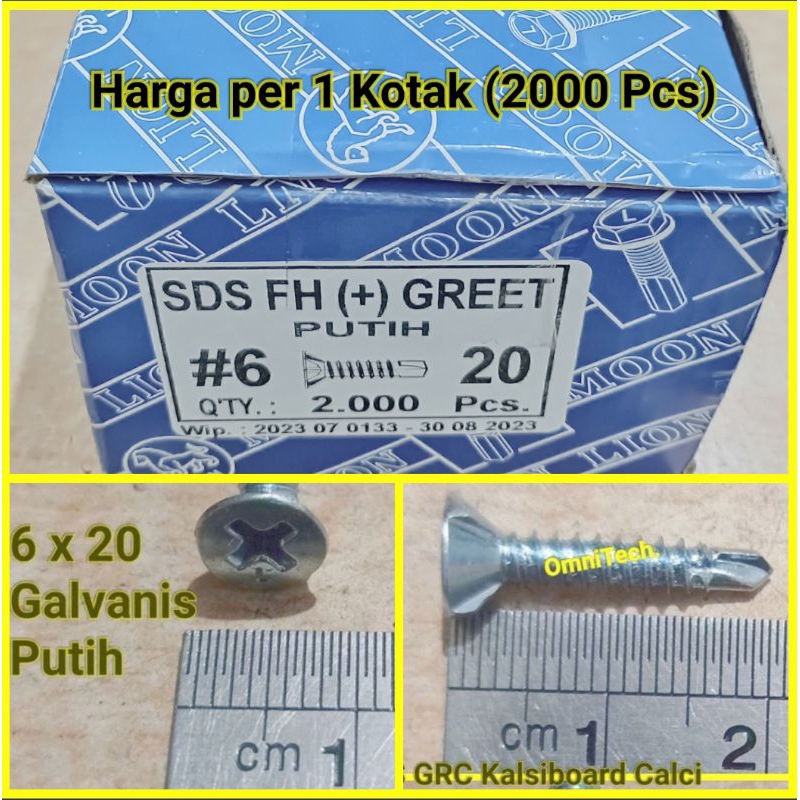 Sekrup SDS FH + GRC Kalsi Calci 6 x 20 mm 6x3/4" 6x20 Moon Lion 2cm Galvanis Putih