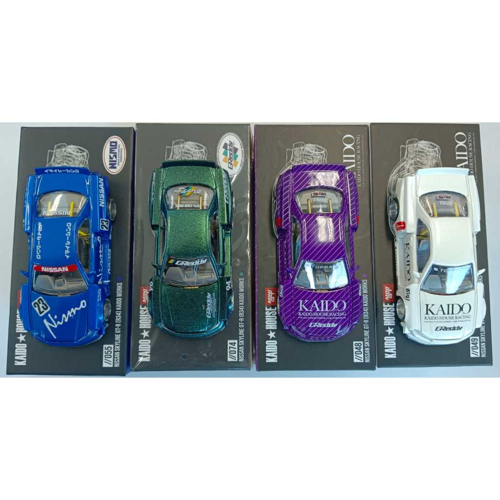 Mini GT x Kaido House Nissan Skyline GT-R (R34), (R33) dan Honda NSX Kaido Works V1 Nismo/Ungu/Putih
