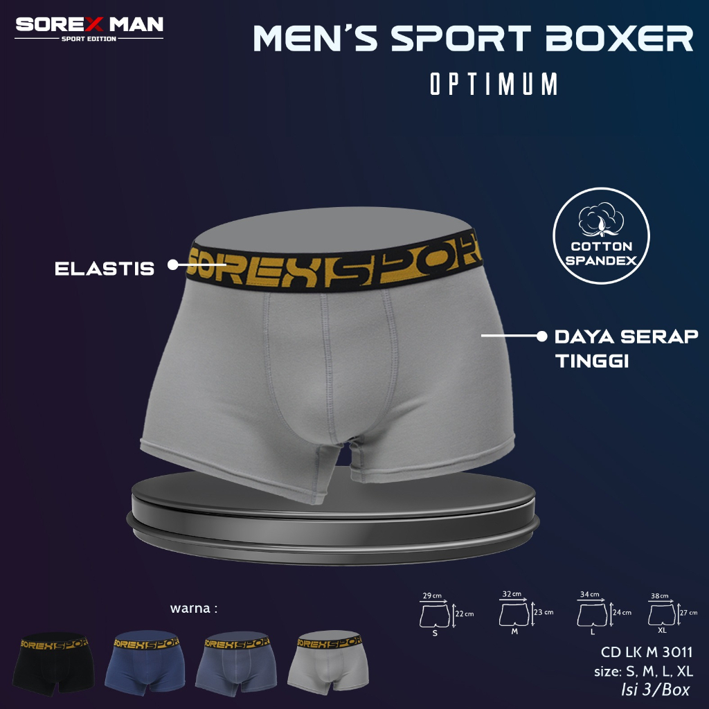 (3 PCS) Sorex Man Boxer Sport Pria Celana Dalam Optimum Katun CD 3011