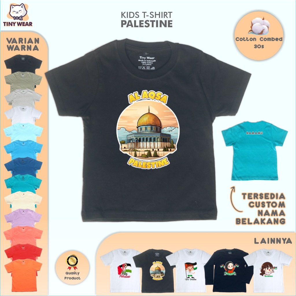 Baju Kaos Sablon Anak Balita Cotton Combed 30s Palestine Masjid Shakhra Dome of The Rock Al Aqsa