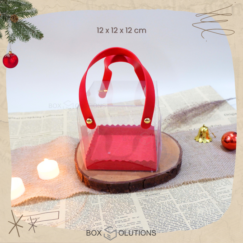 

box mika transparant handle / tali kulit HIJAU/MERAH 12x12x12 cm - 12 x 12 x 12 cm