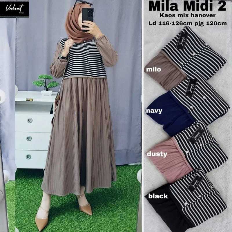 Mila Midi Dress Bahan Kaos Mix Hanover LD 110-115cm PJ 120cm Kancing aktif Busui