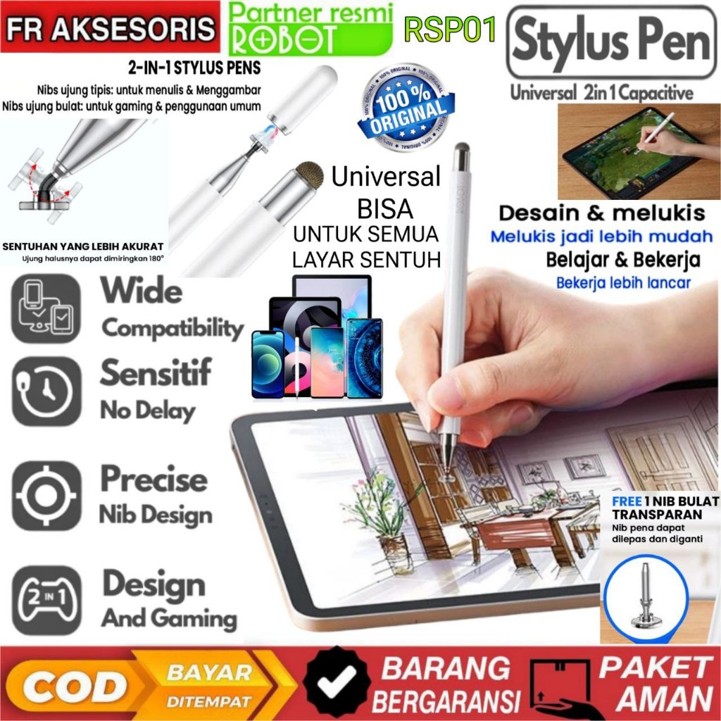 Stylus Pen Universal ROBOT RSP01 2 in 1 Capacitive Stylus Pen Tablet HP LAPTOP
