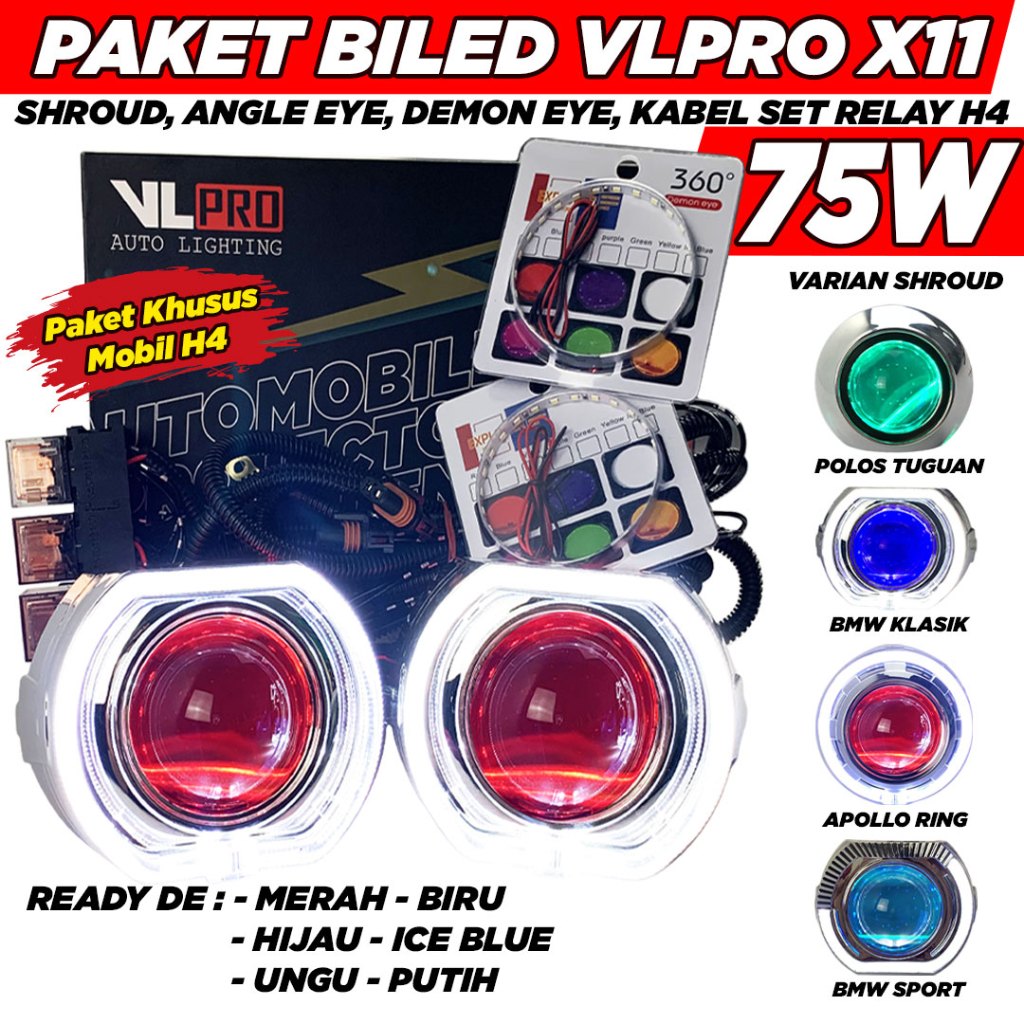 paket biled vlpro x11 plus blue lens kabel set H4 shroud demon eye led projector hi low projie headl