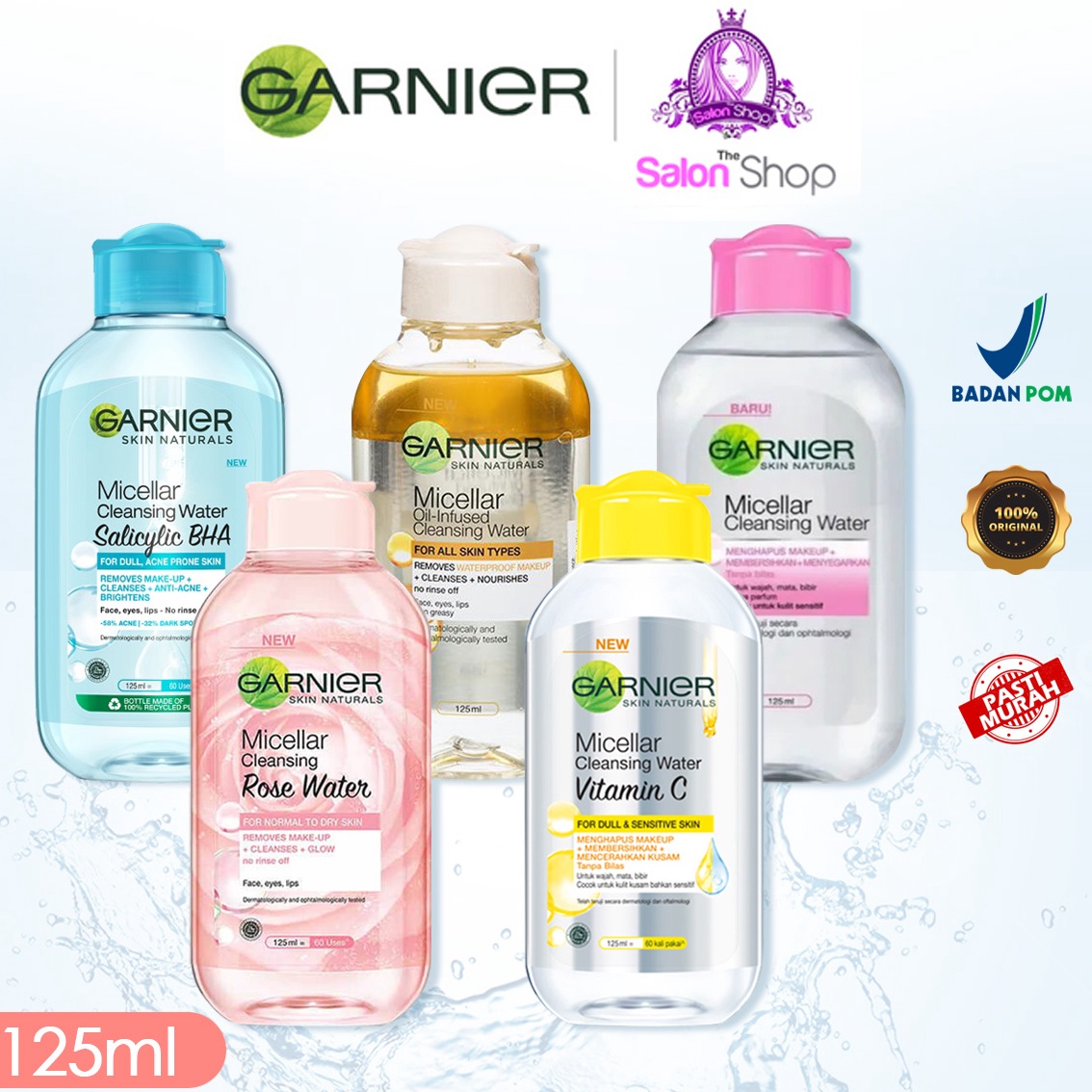Top Murah Garnier Micellar Water 125ml | Vitamin C | Pink | Salicylic BHA | Rose | Bipase Oil Infuse