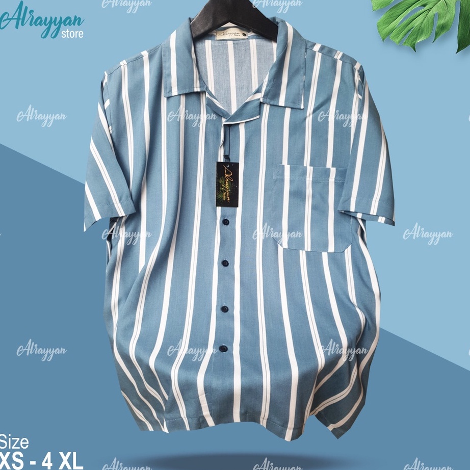 Banyak Peminat Alrayyan Store - Baju Kemeja Hawai Pantai Bali Lengan Pendek Cowok Cewek Motif Salur 