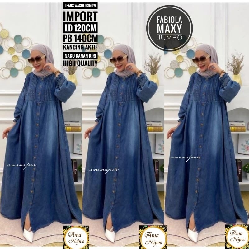 Fabiola Dress Maxy Gamis Polos Jeans Wash Import Ld 120 Fit XXXL Busui Kancing Aktif By Amj