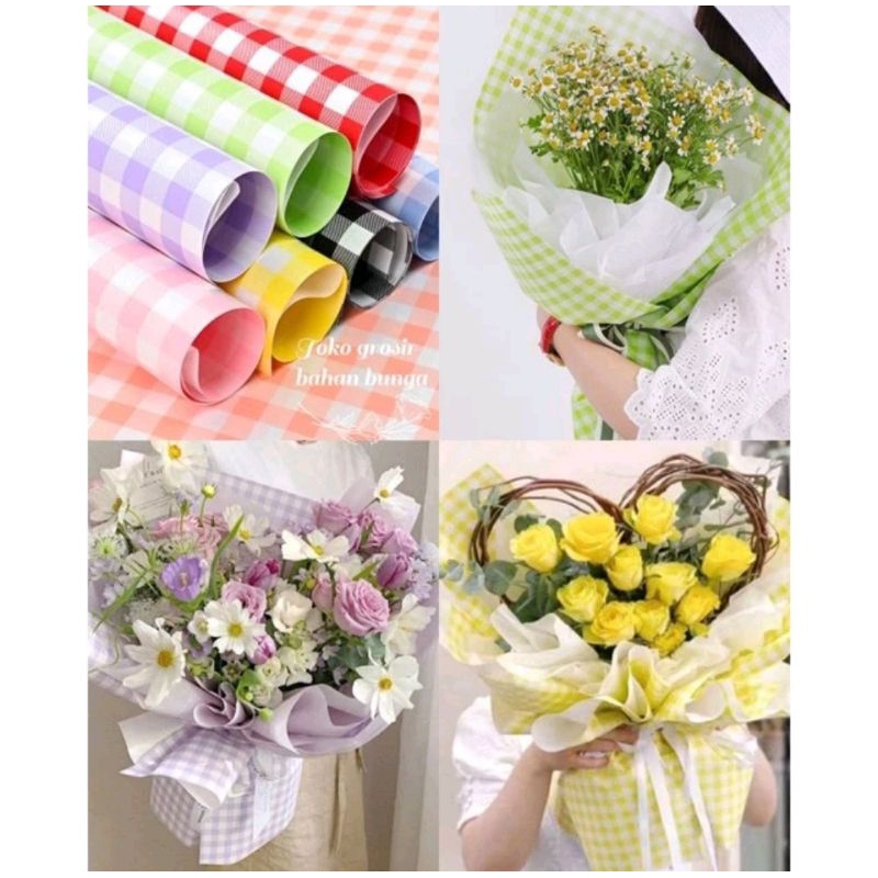 

(5 Lembar) Kertas Buket Dengan Motif Kotak-kotak Flower Wrapping Paper Square Pattern.