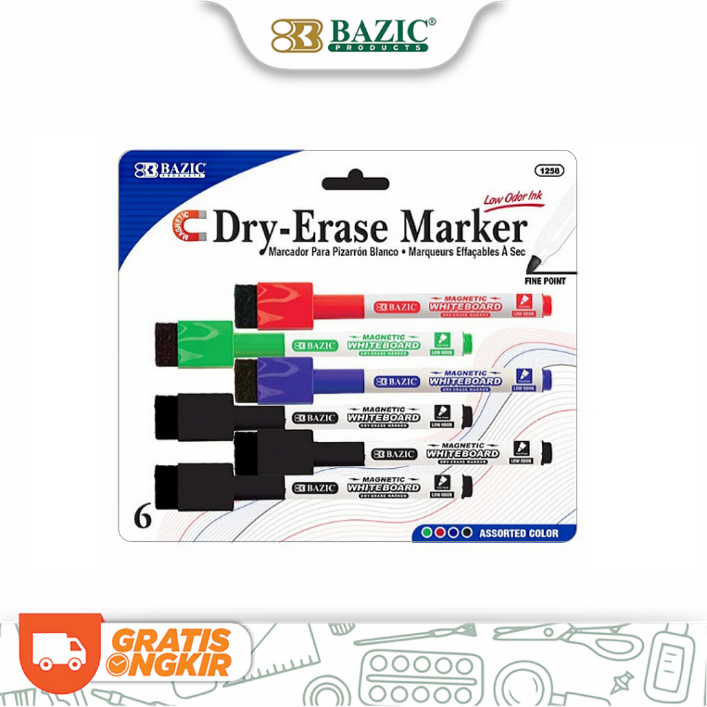 

Bazic Assorted Color Magnetic Dry-Erase Markers - Spidol Papan Tulis Isi 6