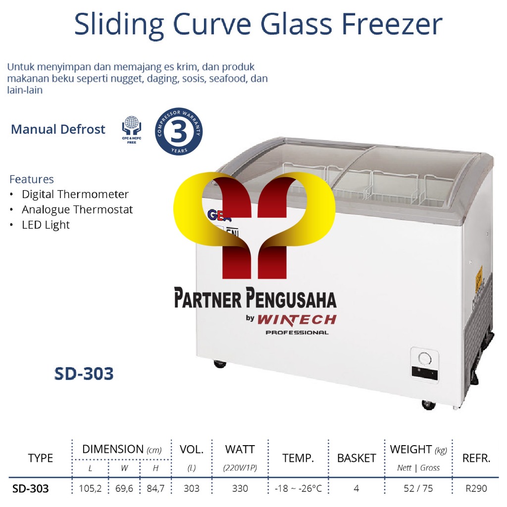 GEA SD-303 SLIDING CURVE GLASS FREEZER / FREEZER BOX PINTU KACA