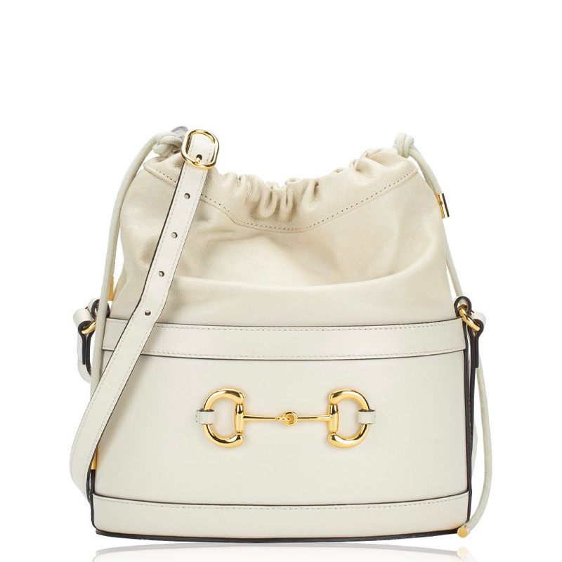 [PRELOVED] GUCCI Textured Calfskin Horsebit 1955 Drawstring Bucket Bag Mystic White