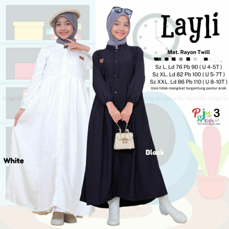 Gamis anak bahan katun rayon twill polos warna hitam putih Laily dress usia 3-12tahun